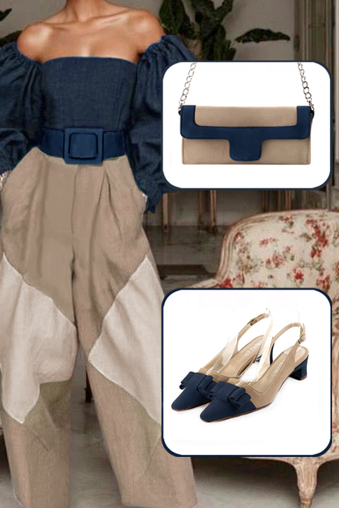 Women's navy blue and tan beige elegant slingback heels, with a bow on the front. Tapered toe. Low kitten heels - Top view